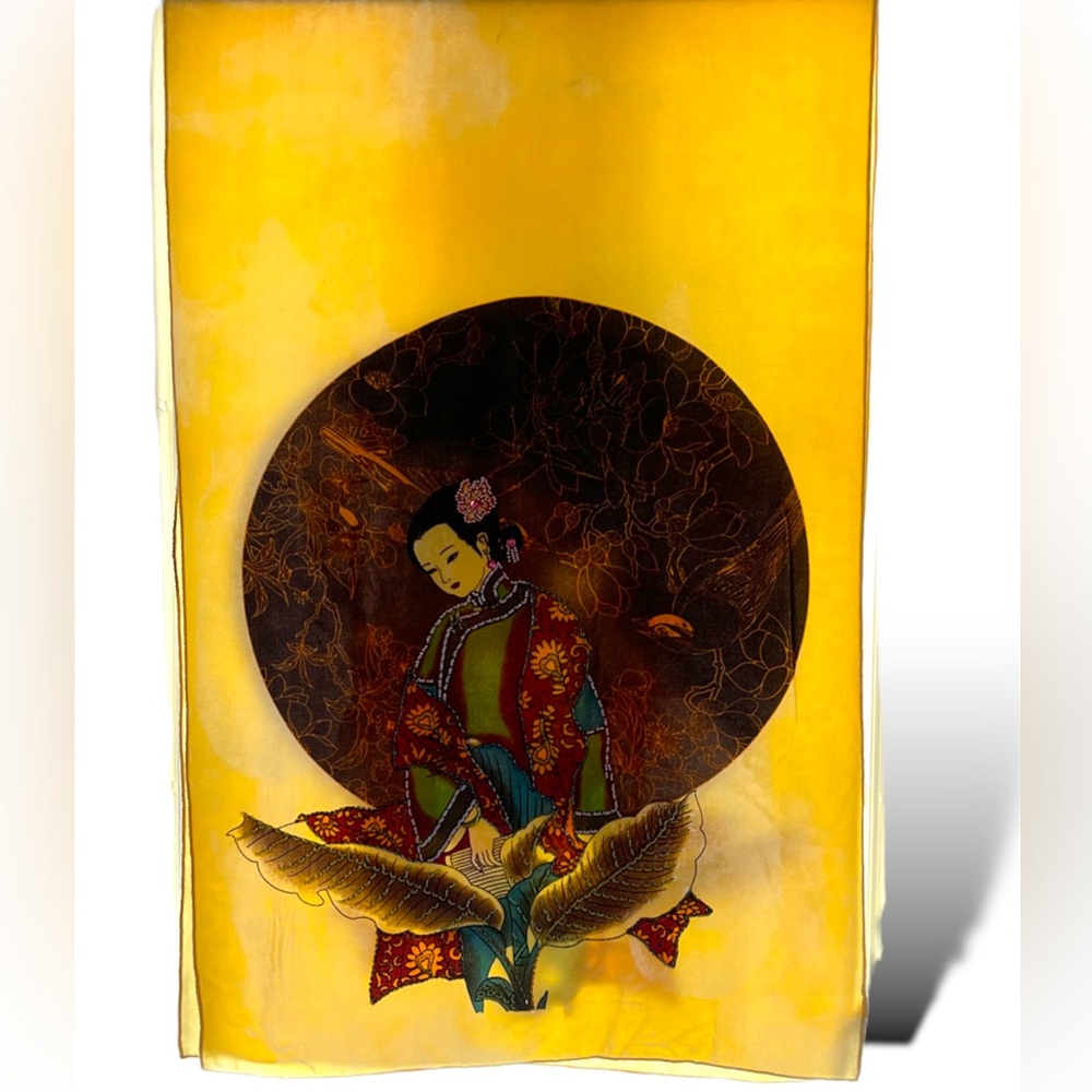 Soho Yellow Artwork Burnout Velvet & Silk Beaded Shawl Wrap Cover Up